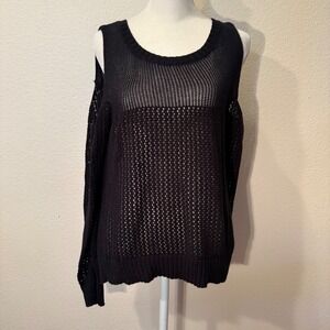 Solemio Black Cold Shoulder Open Knit Sweater Long Sleeve M/L